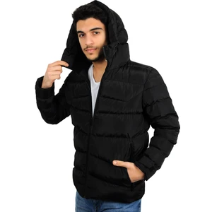 Erkek Siyah Kapüşonlu Içi Polarlı Su Geçirmez Rüzgara Dayanıklı Şişme Mont & Kaban & Parka