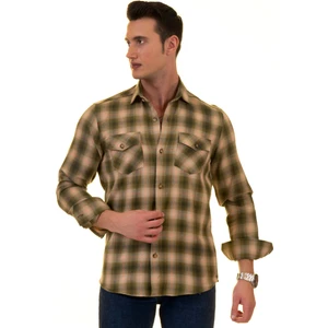 Exve Exclusive Haki Yeşil Bej & Turuncu Ekoseli Yünlü Kışlık Cep Detaylı Western Slim Fit Gömlek