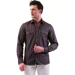 Exve Exclusive Siyah Kırmızı Çizgili Balıksırtı Yünlü Kışlık Cep Detaylı Western Slim Fit Gömlek