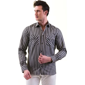 Exve Exclusive Gri Siyah Çizgili Balıksırtı Yünlü Kışlık Cep Detaylı Western Slim Fit Gömlek