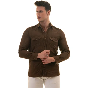 Exve Exclusive Kahverengi Süet Çift Cepli Pamuk Western Stil Pamuk Slim Fit Gömlek