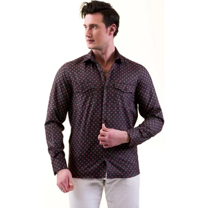 Exve Exclusive Siyah Üzerine Kırmızı Puantiyeli Balıksırtı Yünlü Kışlık Cep Detaylı Western Slim Fit Gömlek
