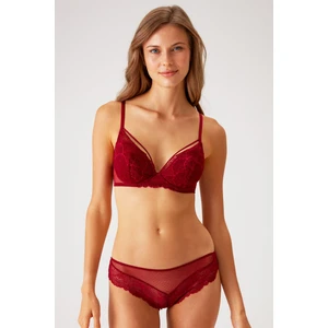 Pierre Cardin Bordo 4822 Balenli ve Pedli Ip Detaylı Dantelli Transparan Comfy Sütyen ve Külot/iç Çamaşır Takım