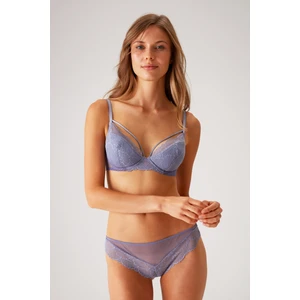 Pierre Cardin Lavanta 4822 Balenli ve Pedli Ip Detaylı Dantelli Transparan Comfy Sütyen ve Külot/iç Çamaşır Takım