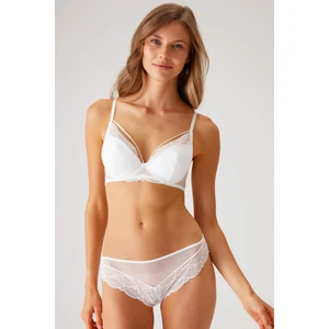 Pierre Cardin Ekru 4822 Balenli ve Pedli Ip Detaylı Dantelli Transparan Comfy Sütyen ve Külot/iç Çamaşır Takım