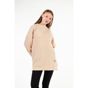BRAKO TEKSTİL Kadın Camel Tunik Fitilli Tiril Kumaş Yırtmaçlı Tunik Armalı Oversize Tunik