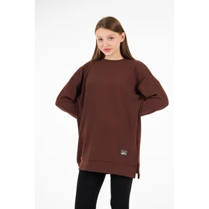 BRAKO TEKSTİL Kadın Camel Tunik Fitilli Tiril Kumaş Yırtmaçlı Tunik Armalı Oversize Tunik