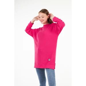 BRAKO TEKSTİL Kadın Camel Tunik Fitilli Tiril Kumaş Yırtmaçlı Tunik Armalı Oversize Tunik