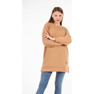 Kadın Camel Tunik Fitilli Tiril Kumaş Yırtmaçlı Tunik Armalı Oversize Tunik