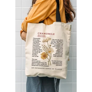 Çınar Bez Çanta Siyah Kulplu Krem Kanvas Chamomile Baskılı Bez Çanta