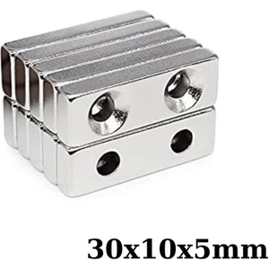 30X10X5-5MM Çift Havşa Delikli Neodyum Güçlü Mıknatıs - Neodim Magnet