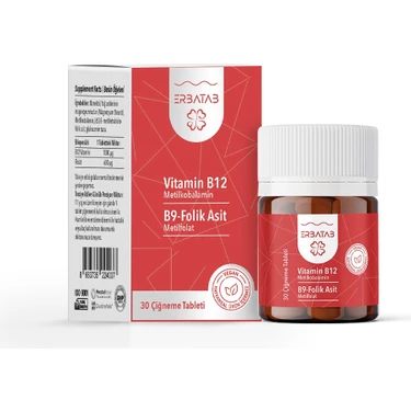 Erbatab Vitamin B12 Metilkobalamin ve Folik Asit B9 30 Kapsül Vegan İçerik ile Yetişkinler