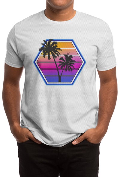 Fizello Retro Style Synthwave Graphic Hexagon Design Beyaz Spor Tişört