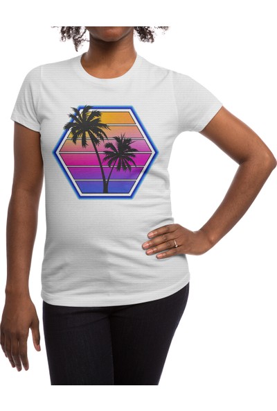 Fizello Retro Style Synthwave Graphic Hexagon Design Beyaz Spor Tişört