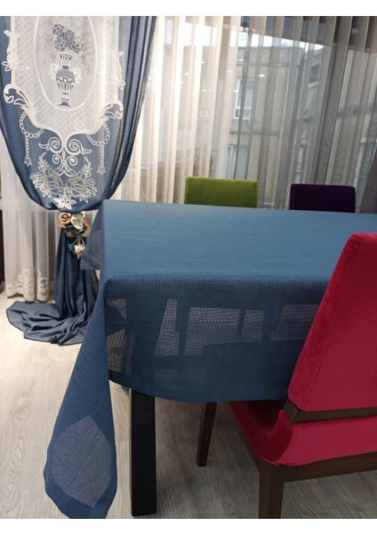 Keten Dokulu Masa Örtüsü Indigo Mavi 6 Peçete Tk