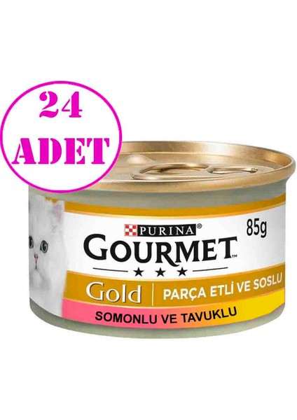 Gold Parça Etli Soslu Somonlu ve Tavuklu Kedi Konservesi 85 gr 24 ad
