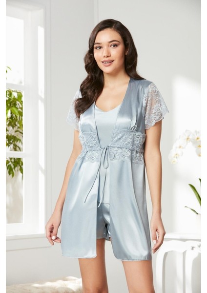Saten Dantelli 3'lü Şort Kombi Sabahlık Takım 2480