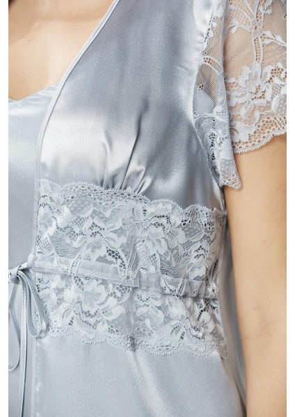 Saten Dantelli 3'lü Şort Kombi Sabahlık Takım 2480 fırsatları