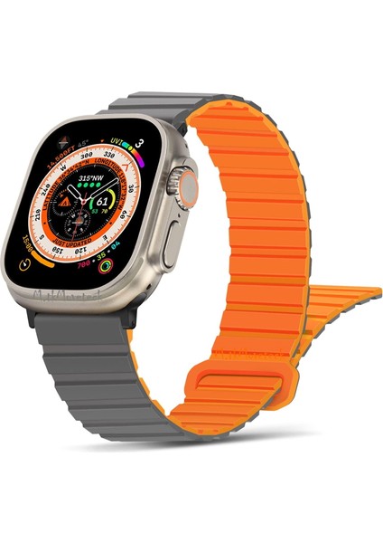 Apple Watch 42/44/45/49MM Ultra Uyumlu Silicon Magnetic Çift Renk Deri Leather Kordon Kayış Mıknatıslı Loop Rainbow Renkli Silikon Baklalı Yumuşak Liquid Kadifemsi