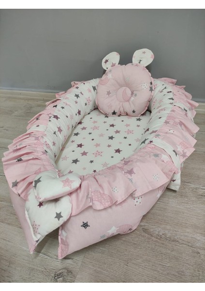 Babynest Sepeti Pembe Ay Yıldız ve Pembe Gökyüzü Orijinal Fırfırlı Babynest, Ortopedik Yastık