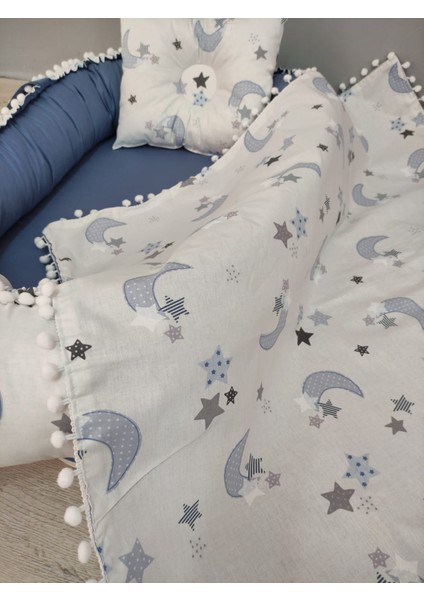 Babynest Sepeti Mavi Ayyıldız Desen ve Indigo Kombin Orijinal Babynest,yastık, Ponponlu Pike