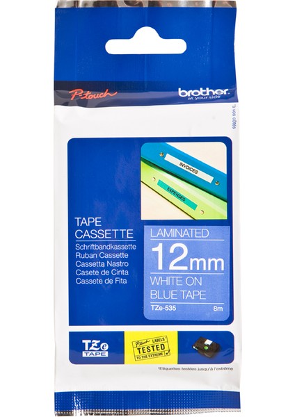 P-Touch TZE-535 Tze-Tape 12MM Mavi Üzerine Beyaz Laminasyonlu Etiket fiyatları