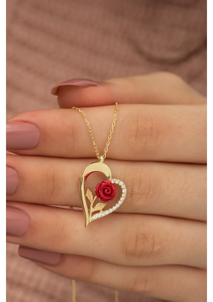 925 Ayar Gold Kırmızı Gül Kalp Kadın Gümüş Kolye