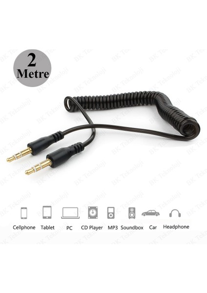 3.5mm Stereo Spiral Tasarım Araç Aux Ses Kablosu 2 Metre