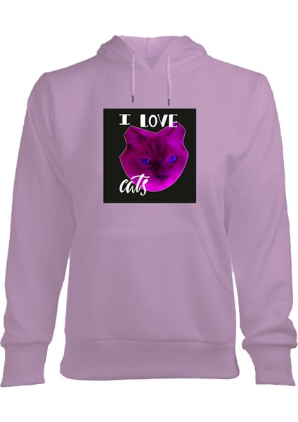Kadın Kapüşonlu Hoodie Sweatshirt, Kedili
