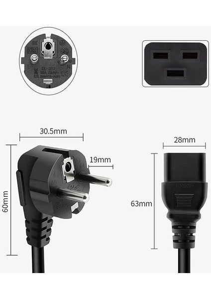 Orjinal Ups Power Kablo - C19 Power Kablo 16A 3x1.5mm - 1.8 mt