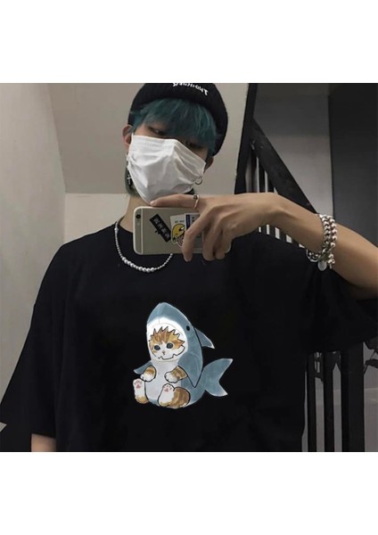 Shark Cat Siyah Oversize T-Shirt