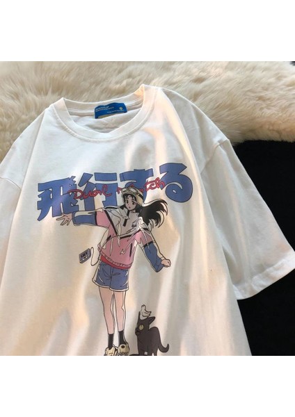 Anime Girl & Cat Beyaz Oversize T-Shirt