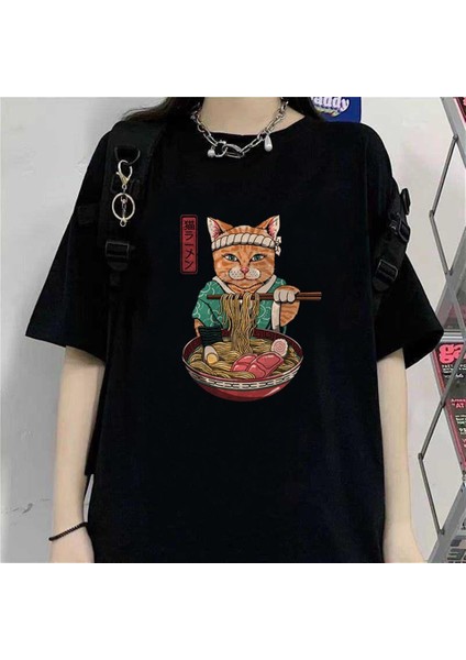 Samurai Cat Spaghetti Siyah Oversize T-Shirt