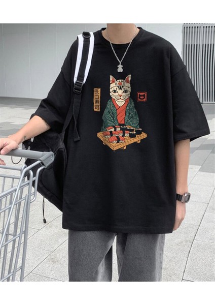 Sushi Cat Siyah Oversize T-Shirt