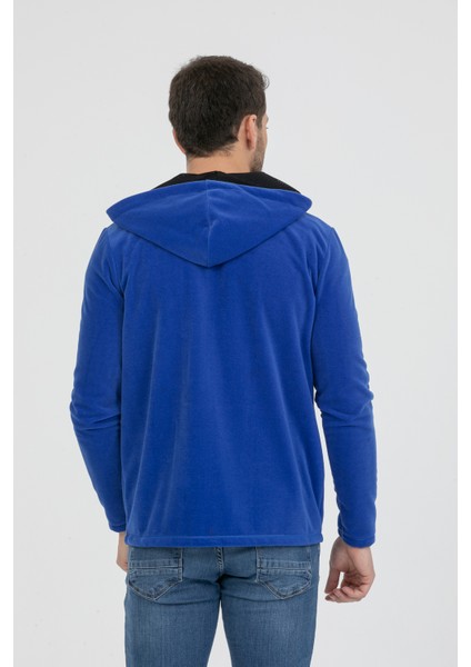 Erkek Indigo Mavi Polar Tam Fermuarlı Kapüşonlu Sweatshirt