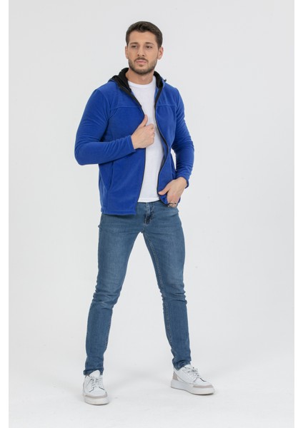 Erkek Indigo Mavi Polar Tam Fermuarlı Kapüşonlu Sweatshirt indirimleri
