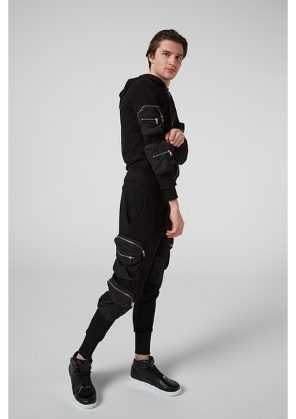 Kargo Çok Cepli Siyah, Fermuarlı, Ikili Erkek Eşofman Takımı