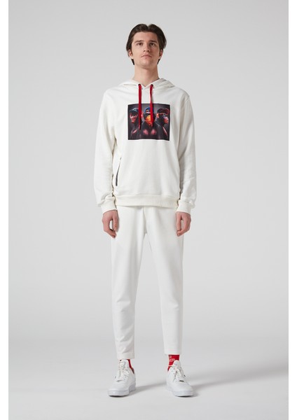 3 Maymun Baskılı,kapüşonlu, Çift Fermuar Cepli Krem Erkek Sweatshirt