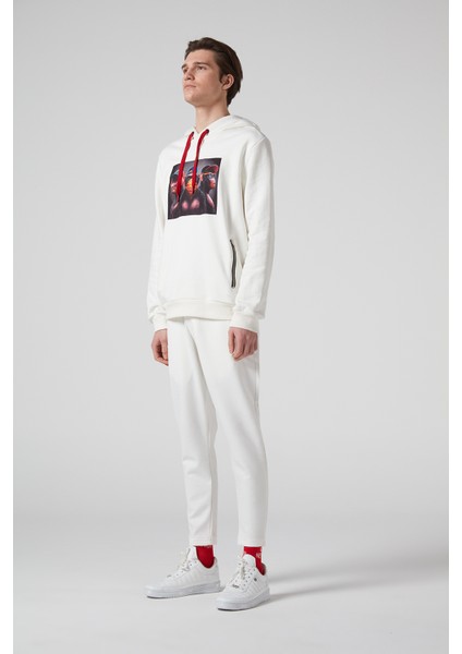 3 Maymun Baskılı,kapüşonlu, Çift Fermuar Cepli Krem Erkek Sweatshirt