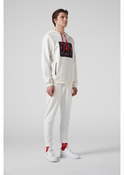 3 Maymun Baskılı,kapüşonlu, Çift Fermuar Cepli Krem Erkek Sweatshirt