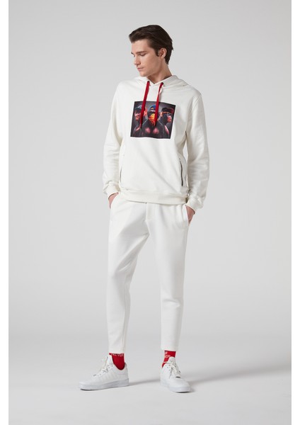 3 Maymun Baskılı,kapüşonlu, Çift Fermuar Cepli Krem Erkek Sweatshirt