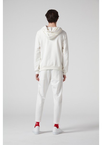 3 Maymun Baskılı,kapüşonlu, Çift Fermuar Cepli Krem Erkek Sweatshirt