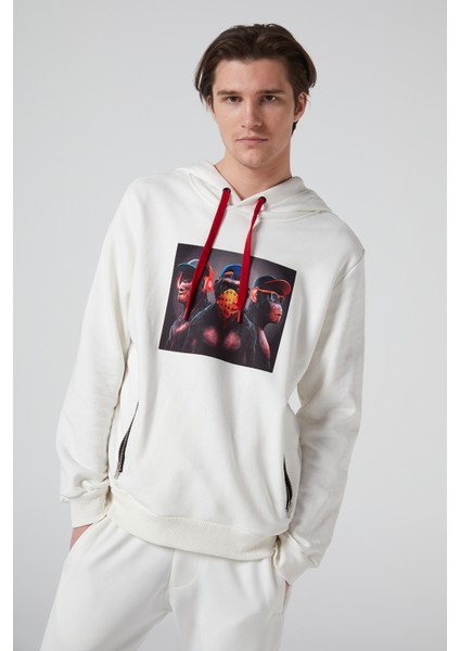 3 Maymun Baskılı,kapüşonlu, Çift Fermuar Cepli Krem Erkek Sweatshirt