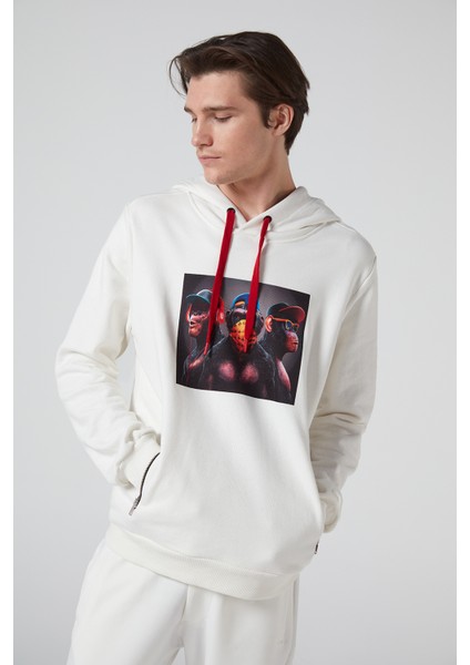 3 Maymun Baskılı,kapüşonlu, Çift Fermuar Cepli Krem Erkek Sweatshirt