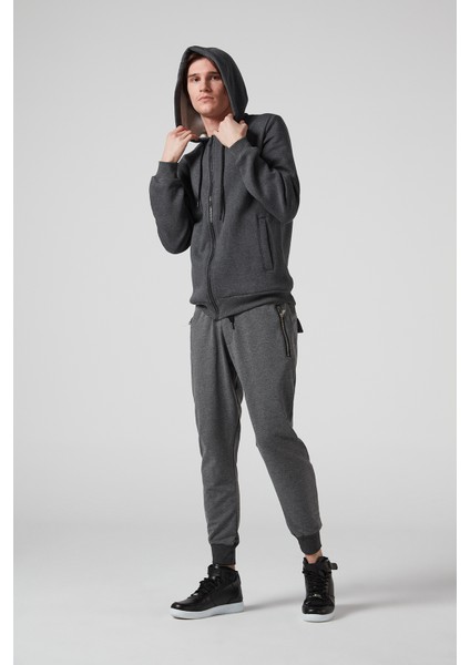 Antrasit Kapüşonlu,fermuarli Erkek Sweatshirt