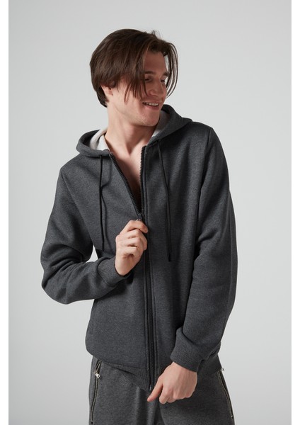 Antrasit Kapüşonlu,fermuarli Erkek Sweatshirt