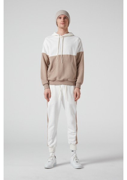 Bej-Krem Kapüşonlu Erkek Eşofman Takımı
