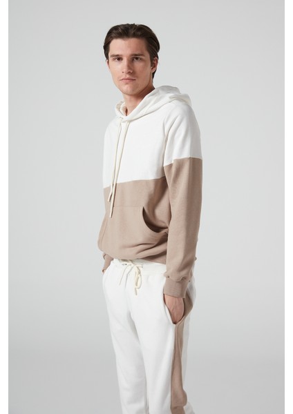 Bej-Krem Kapüşonlu Erkek Eşofman Takımı