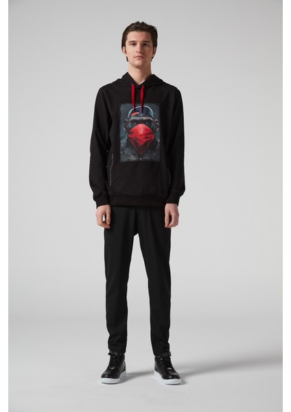 Maymun Baskılı Kapüşonlu Siyah Erkek Sweatshirt