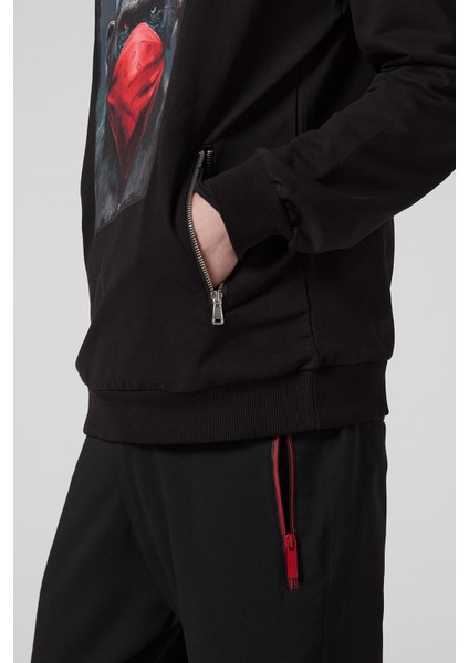 Maymun Baskılı Kapüşonlu Siyah Erkek Sweatshirt indirimleri